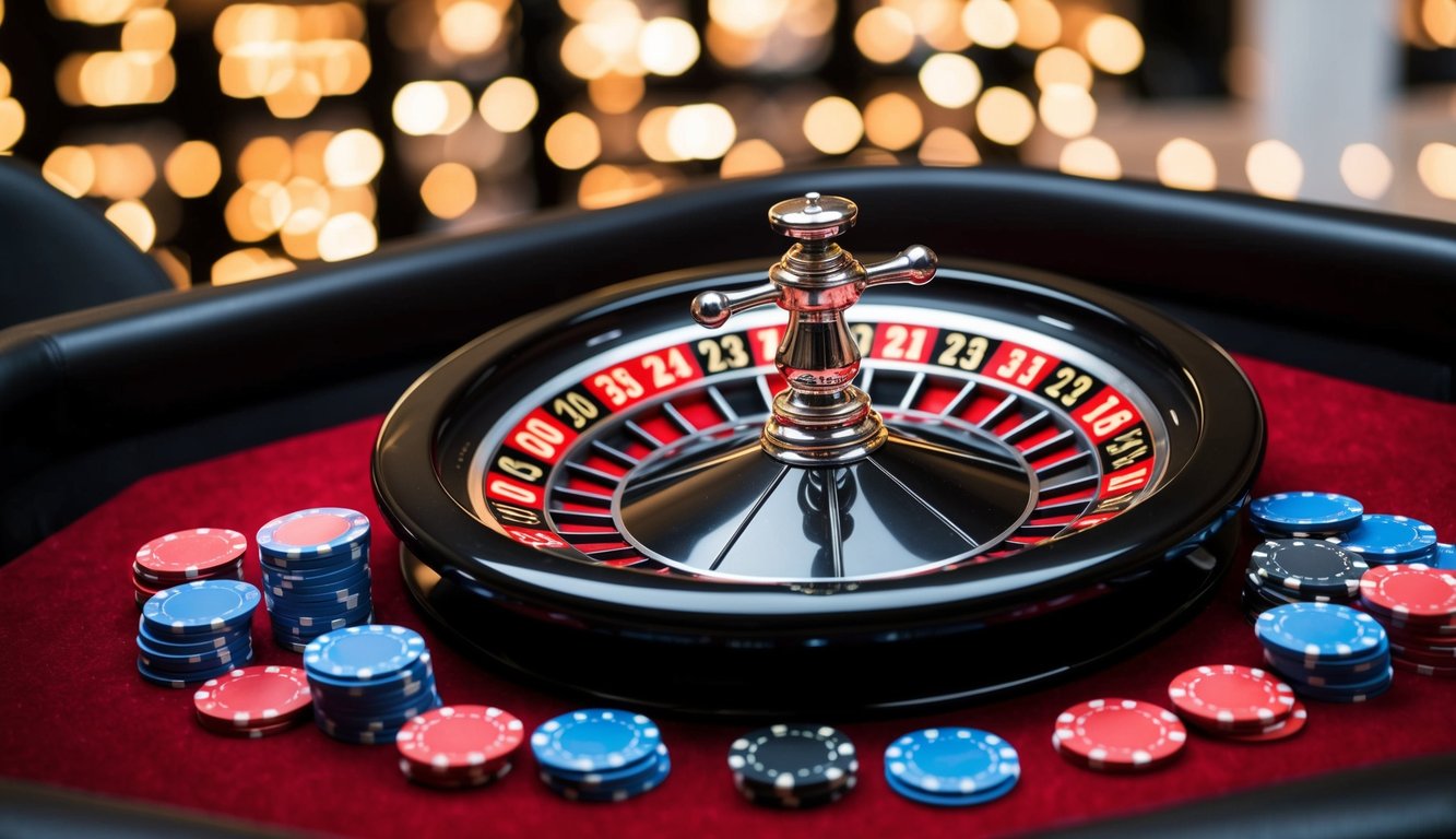 Roda roulette berputar dengan chip yang tersebar di sekitar meja