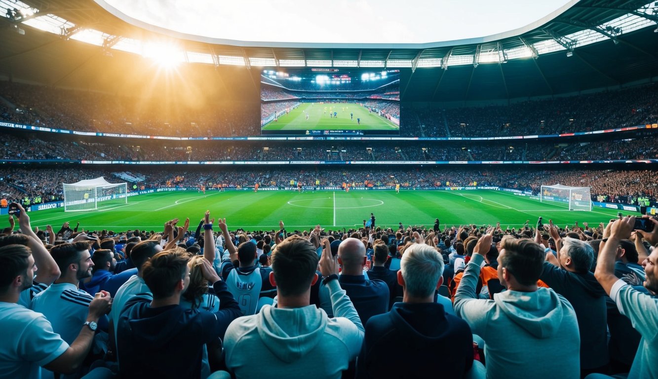 Sebuah stadion yang ramai dengan penggemar yang bersorak, lapangan sepak bola, dan layar besar yang menampilkan pertandingan