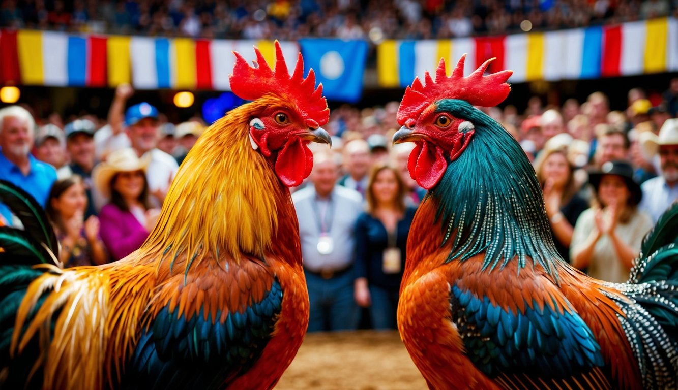 Dua ayam jantan berhadapan di arena yang ramai, dikelilingi oleh penonton yang bersorak dan spanduk berwarna-warni