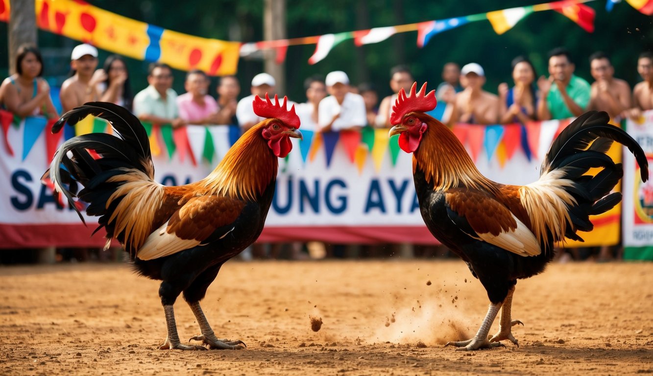 Dua ayam jantan berhadapan di arena tanah yang dikelilingi oleh penonton yang bersorak dan spanduk berwarna-warni. Bulu beterbangan saat mereka bertarung dalam sabung ayam tradisional.