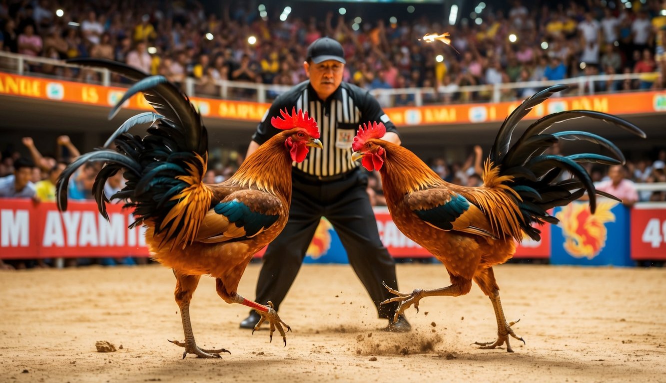 Sebuah arena yang ramai dengan penonton yang bersorak, dua ayam jantan terlibat pertarungan, bulu-bulu beterbangan, dan seorang wasit mengawasi pertandingan sabung ayam yang intens