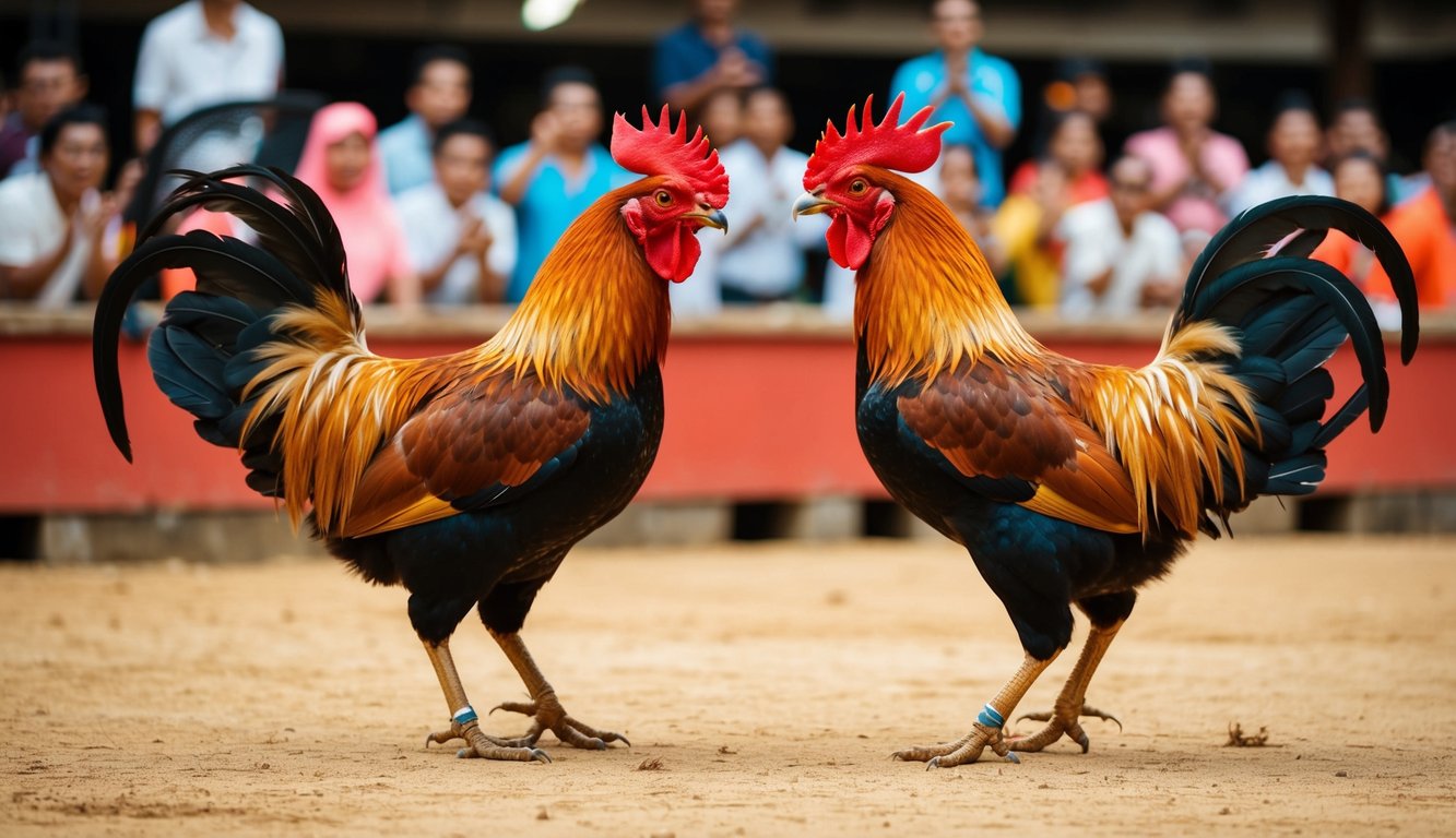 Dua ayam jantan berhadapan di arena sabung ayam tradisional Indonesia yang dikelilingi oleh penonton yang bersorak