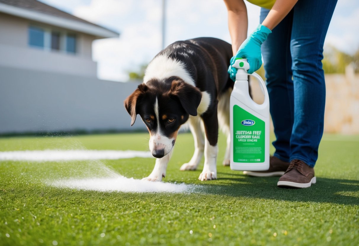 A dog urinating on artificial turf, followed by the application of artificial turf cleaner and deodorizer
