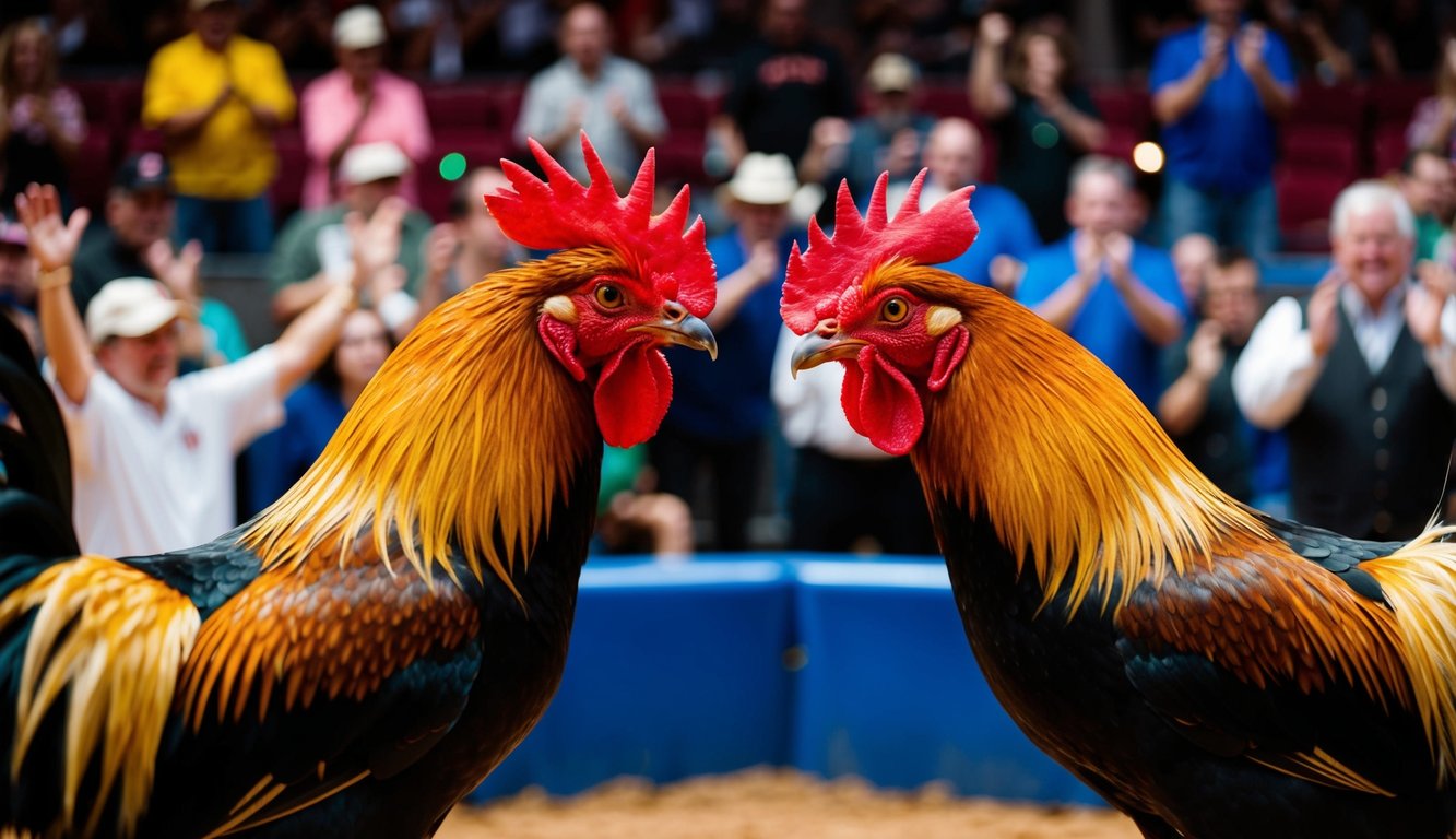 Dua ayam jantan berhadapan di arena yang ramai, dikelilingi oleh penonton yang bersorak dan suasana yang meriah