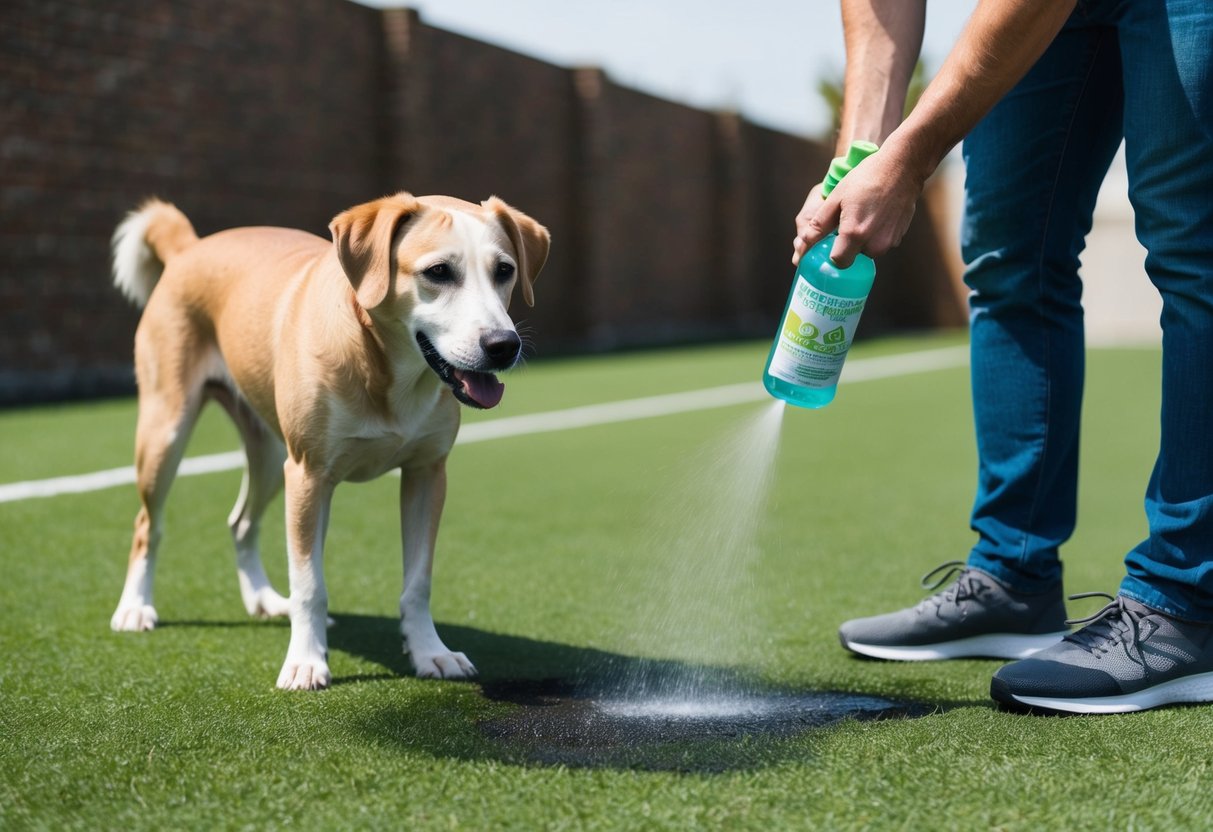 A dog standing on artificial turf, with a puddle of urine nearby. A person holding a spray bottle of eco-friendly cleaner, spraying the affected area