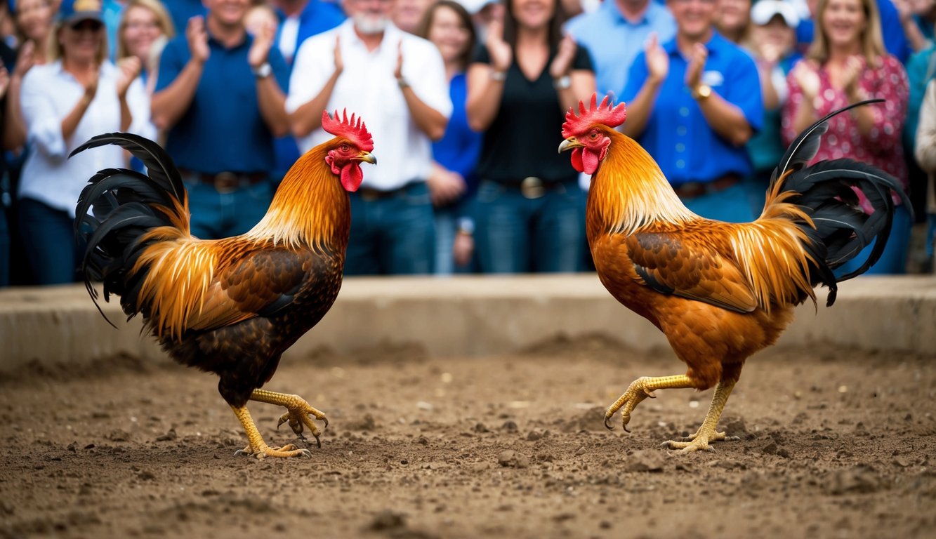 Dua ayam jantan berhadapan di dalam lubang tanah yang dikelilingi oleh kerumunan penonton yang bersorak.