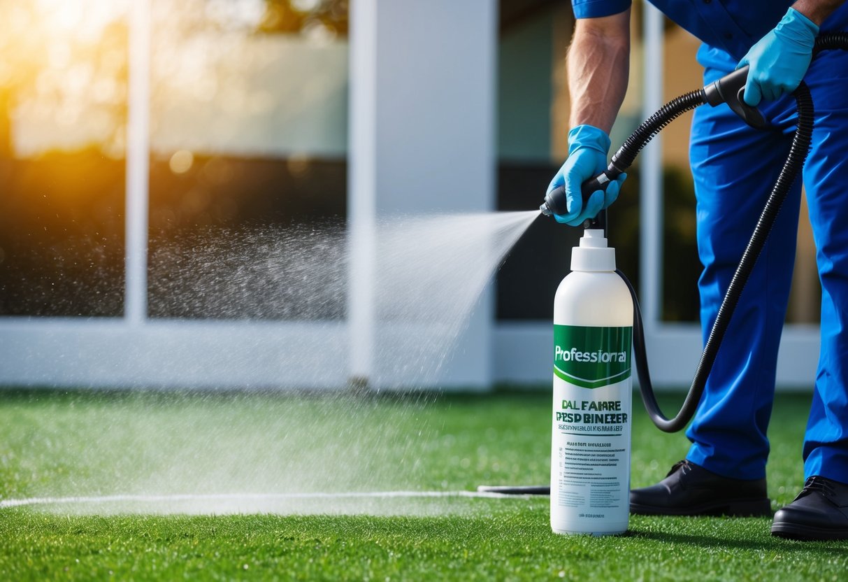 A professional turf cleaning service technician sprays artificial turf with a specialized cleaner and deodorizer to eliminate dog urine odor