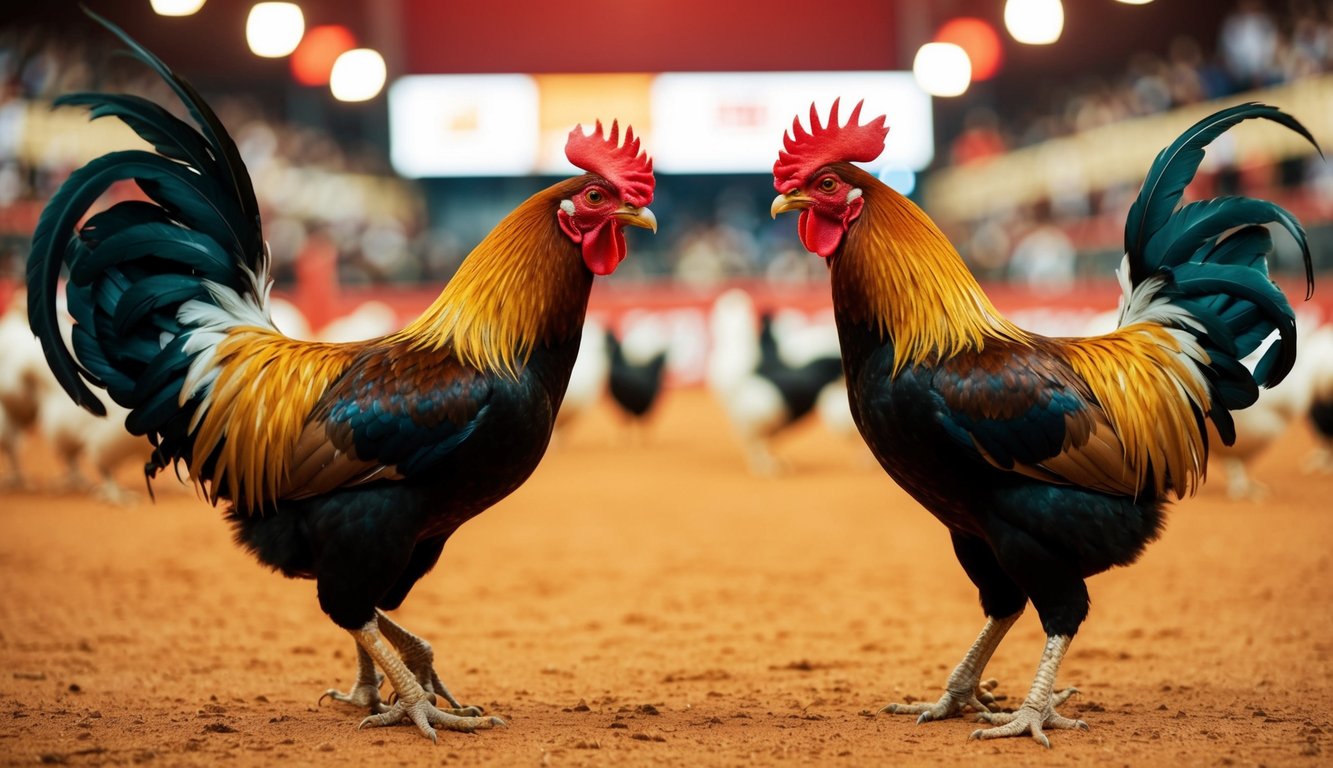 Dua ayam jantan saling berhadapan di arena sabung ayam online yang ramai