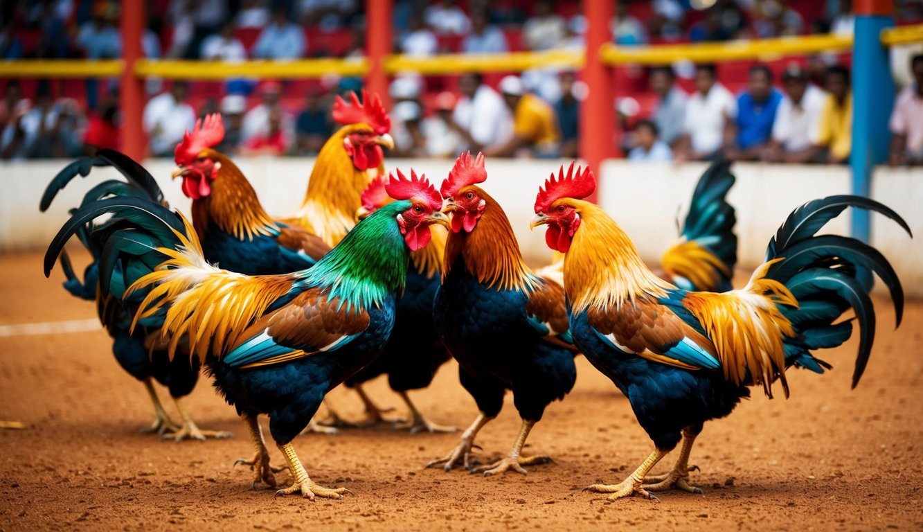 Sebuah arena sabung ayam yang ramai dan meriah, dipenuhi dengan penonton yang bersorak dan ayam jantan berwarna-warni yang terlibat dalam pertarungan sengit