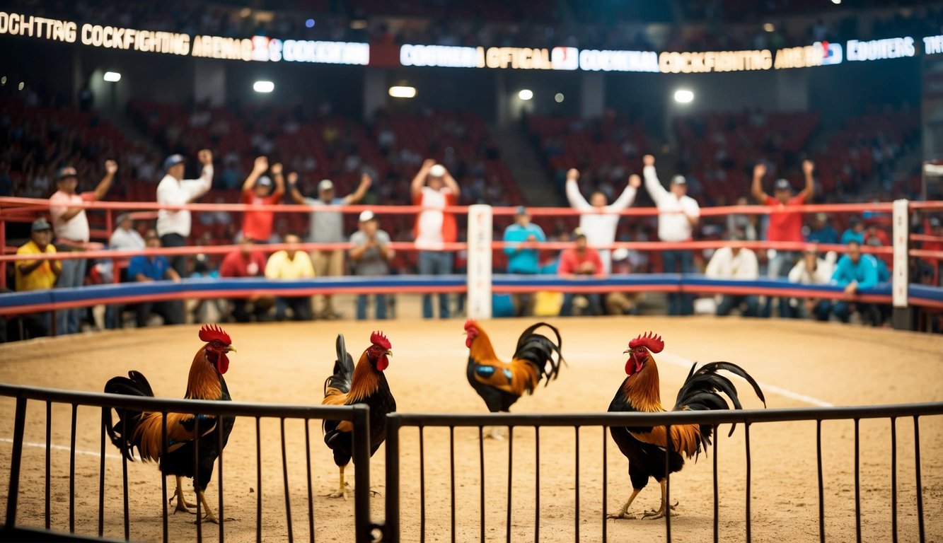 Sebuah arena sabung ayam resmi yang ramai dengan penonton yang bersorak dan ayam jantan berwarna-warni di dalam ring