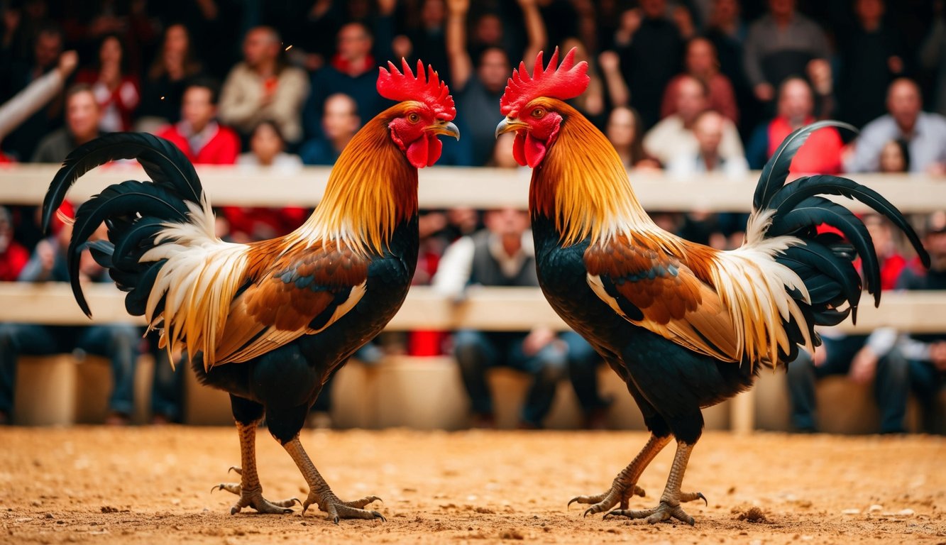 Sebuah arena yang ramai dengan dua ayam jantan yang berhadapan dalam pertarungan sengit, dikelilingi oleh penonton yang bersorak dan suasana yang hidup