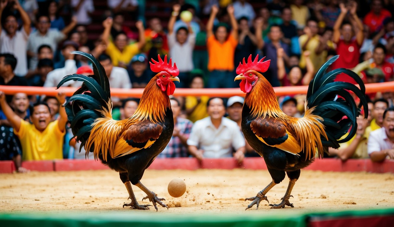 Sebuah arena yang ramai dengan dua ayam jantan yang saling berhadapan dalam pertandingan sabung ayam yang sengit, dikelilingi oleh penonton yang antusias meneriakkan dukungan untuk pertarungan yang intens.