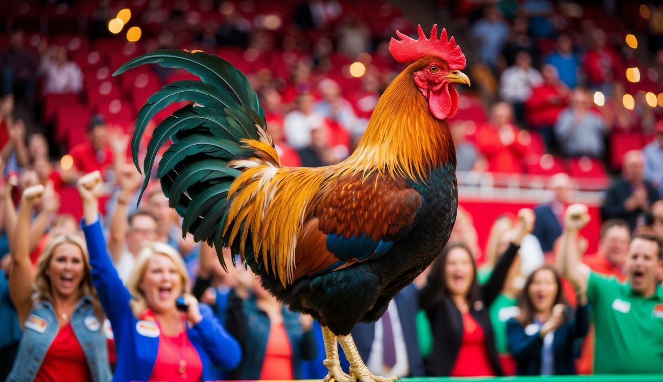 Seekor ayam jantan berdiri dengan bangga di arena yang berwarna-warni dan ramai, dikelilingi oleh penonton yang bersorak dan penyiar yang energik.