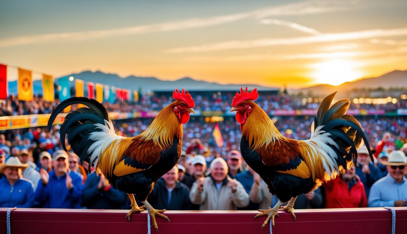 Dua ayam jantan berhadapan di sebuah arena yang ramai, dikelilingi oleh penonton yang bersorak dan spanduk berwarna-warni. Matahari terbenam di balik gunung-gunung di kejauhan.