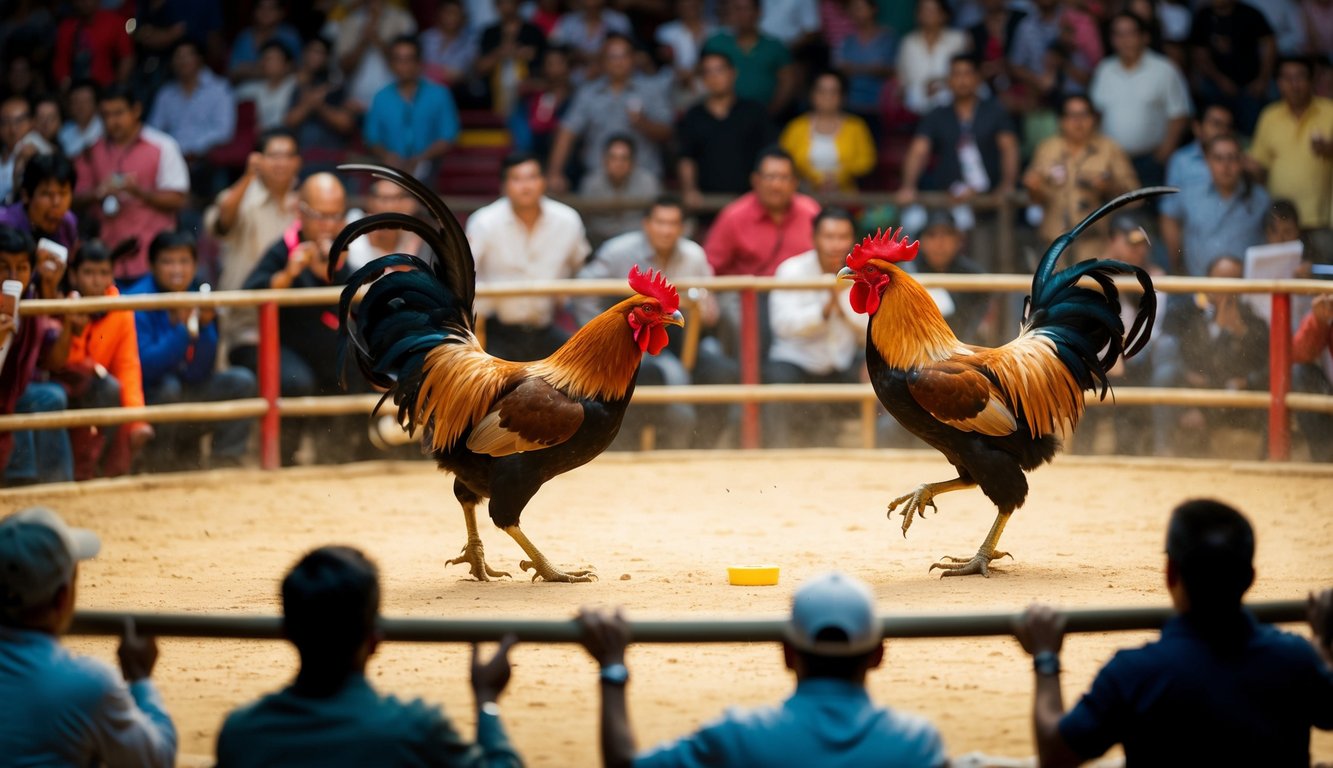 Sebuah arena yang ramai dengan dua ayam jantan berhadapan di ring sabung ayam tradisional. Penonton bersorak dan memasang taruhan saat pertarungan sengit dimulai.