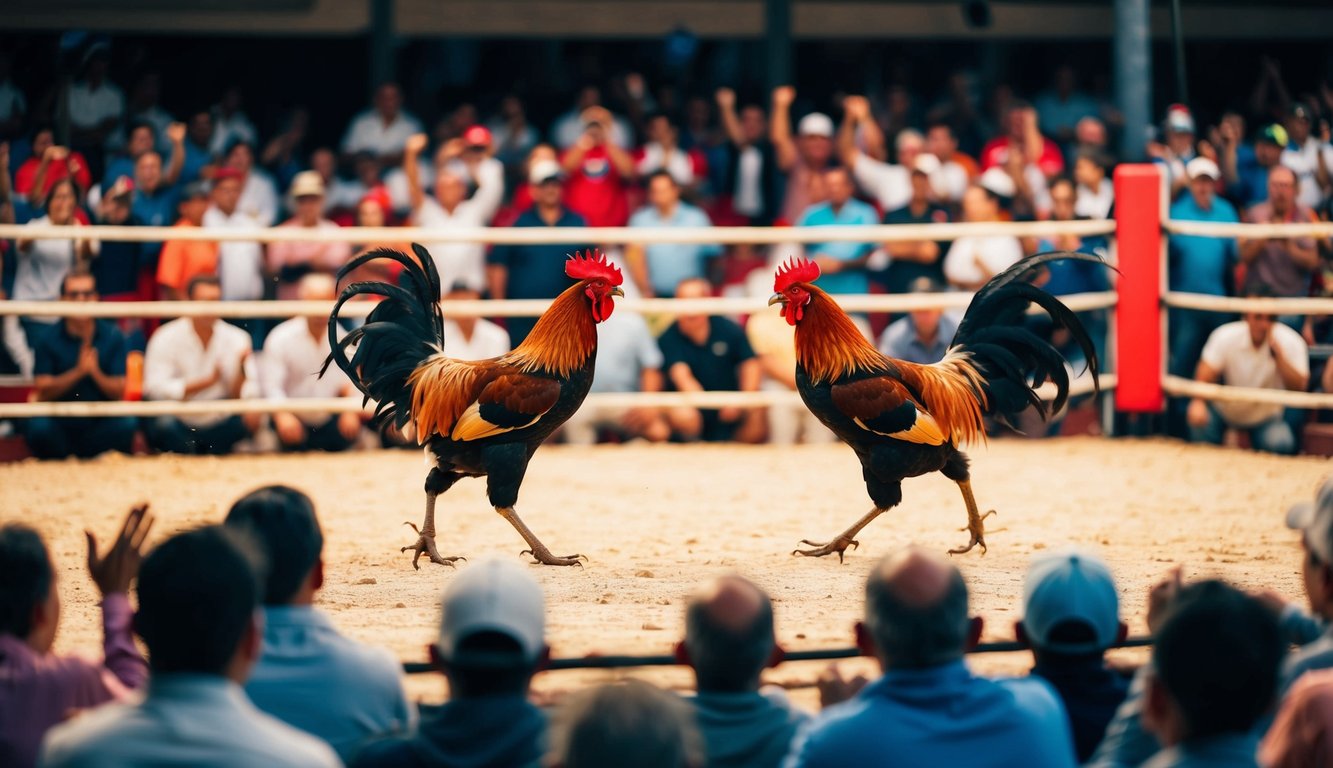 Sebuah arena luar ruangan yang ramai dengan penonton yang bersorak menyaksikan dua ayam jantan bertarung agresif di tengah ring