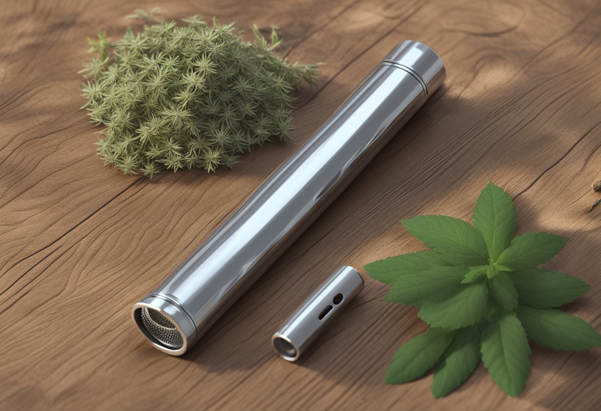 A shiny aluminum dugout one-hitter sits on a wooden table, surrounded by scattered dry herbs and a flickering lighter