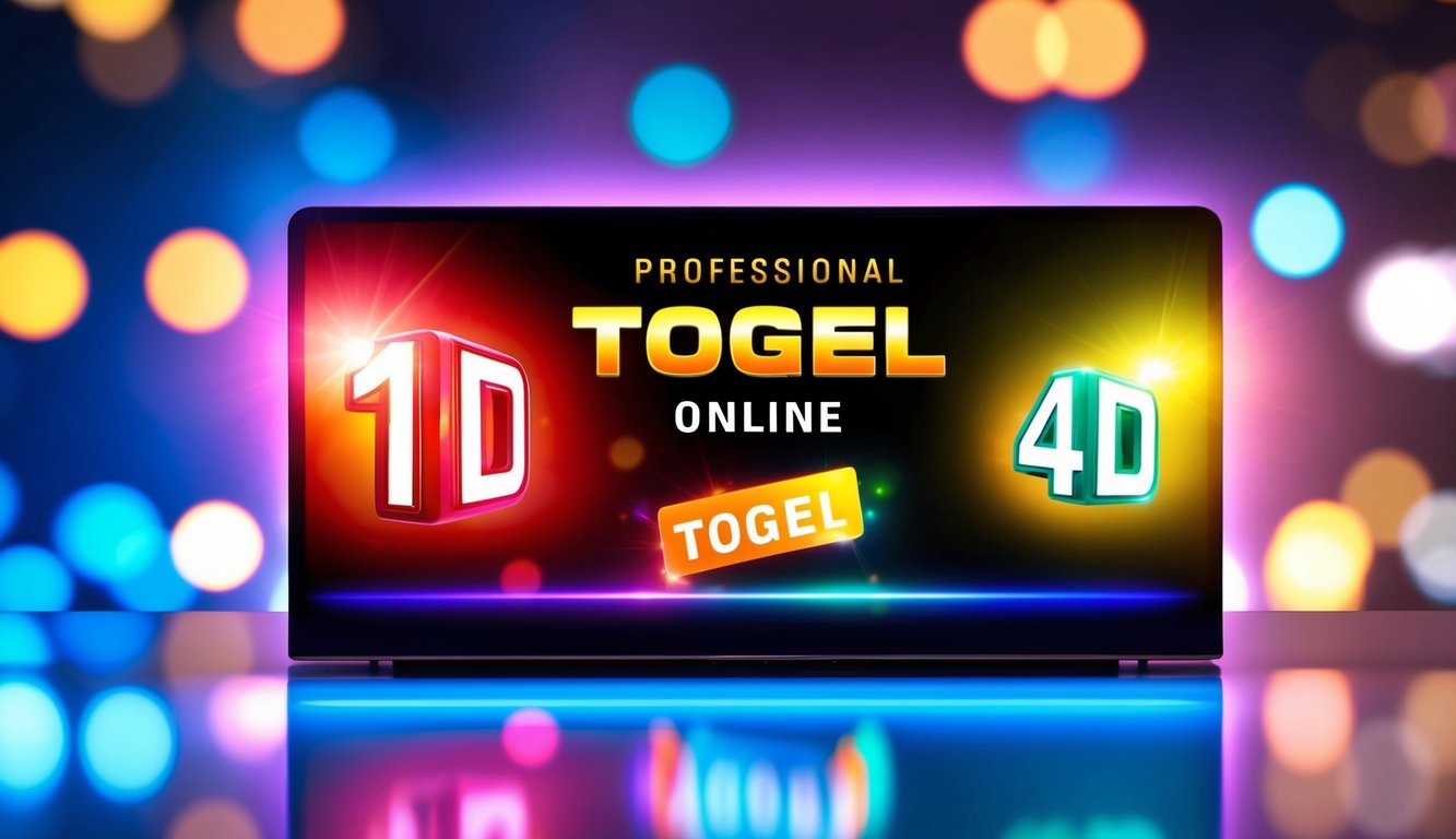 Sebuah layar digital yang bersinar menampilkan antarmuka Togel 4D Online dengan angka dan grafik berwarna-warni