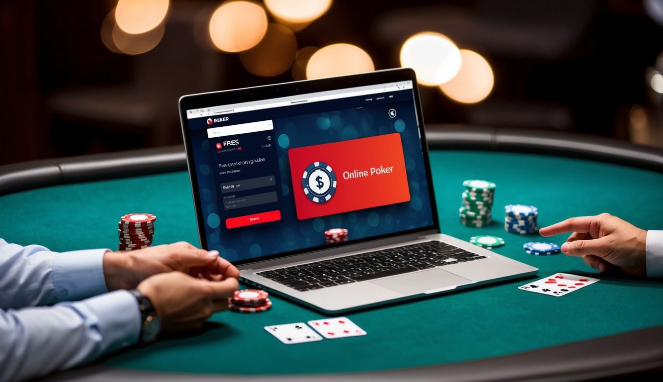 Sebuah meja poker dengan kartu, chip, dan perangkat digital yang menampilkan situs web poker online