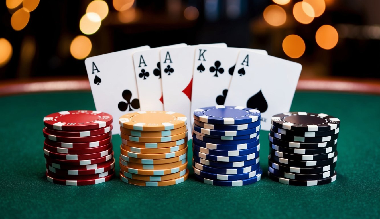 Sekelompok chip poker dan kartu yang disusun di atas meja felt hijau