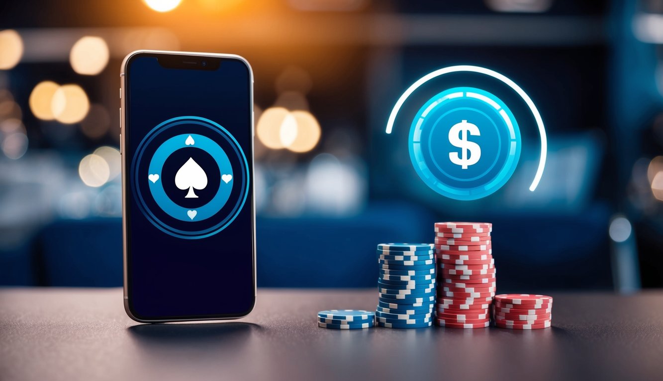 Sebuah smartphone dengan aplikasi poker terbuka, setumpuk chip poker, dan ikon sinyal yang berdenyut menunjukkan deposit online yang berhasil