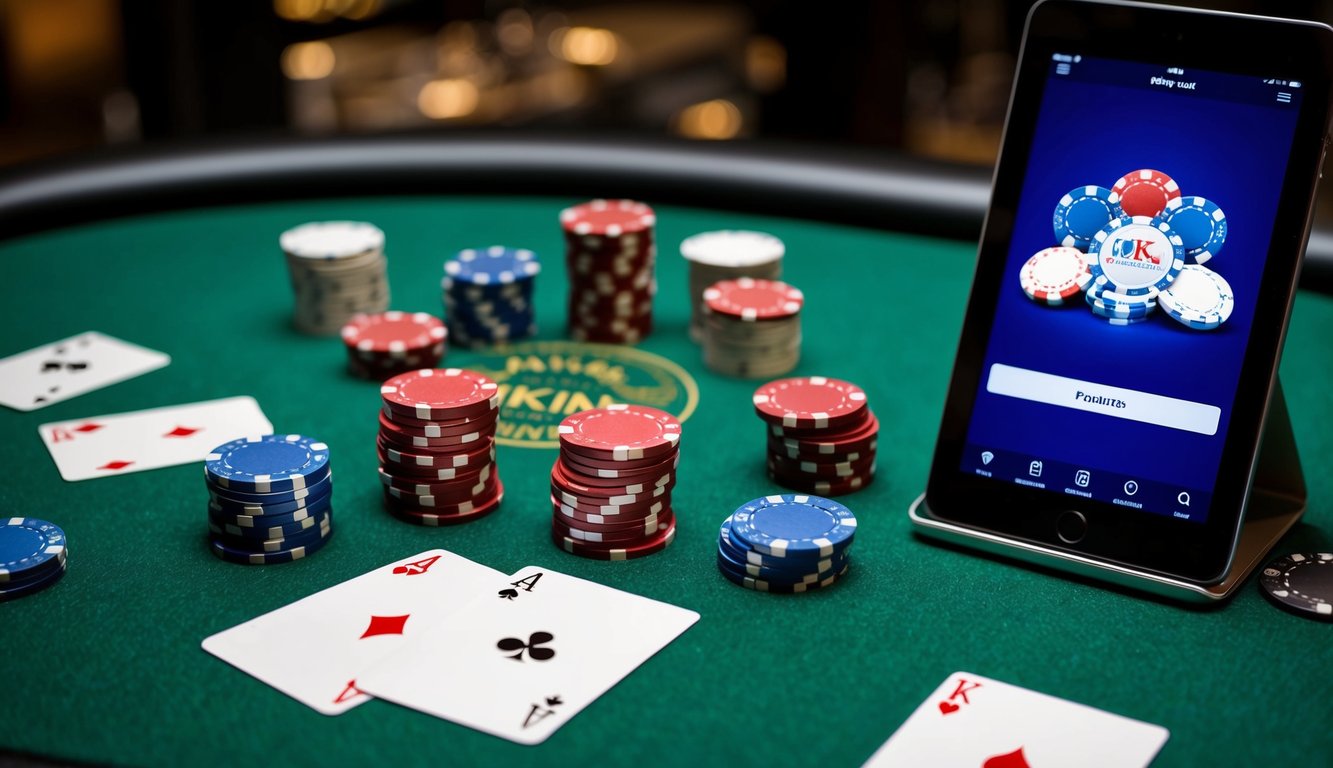 Sekelompok chip poker dan kartu remi berserakan di atas meja felt hijau, dengan perangkat digital yang menampilkan permainan poker online