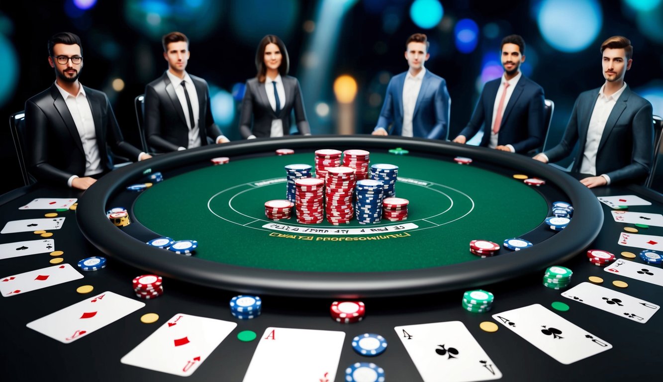 Sebuah meja poker digital dengan kartu dan chip, dikelilingi oleh avatar virtual pemain, dengan antarmuka yang ramping dan modern