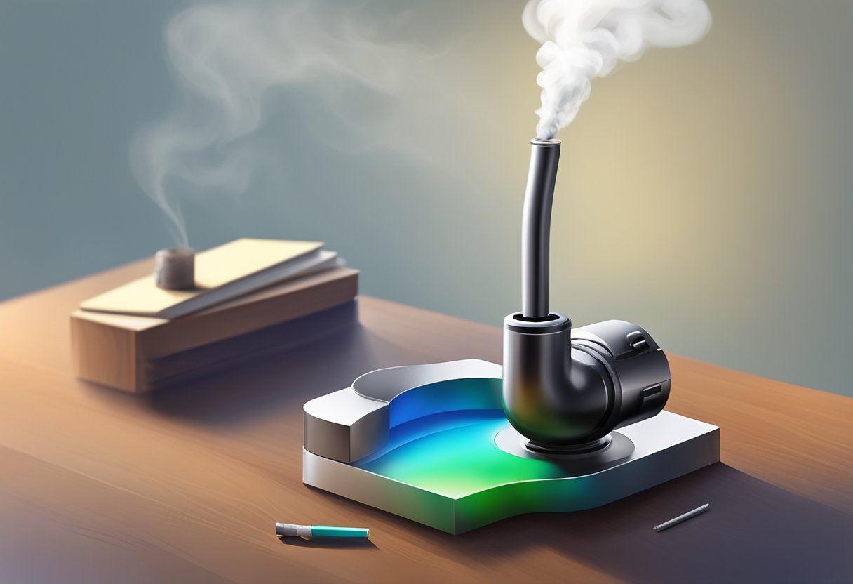 A magnet pipe is emitting smoke as it sits on a table