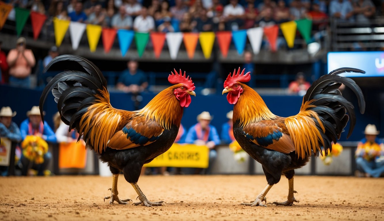 Dua ayam jantan saling berhadapan di arena yang ramai, dikelilingi oleh penonton yang bersorak dan spanduk berwarna-warni