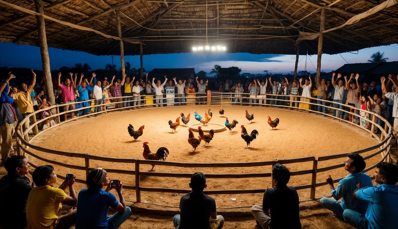 Sebuah arena sabung ayam yang terpercaya di desa pedesaan, dikelilingi oleh penonton yang bersorak-sorai dan ayam jantan berwarna-warni di tengah ring