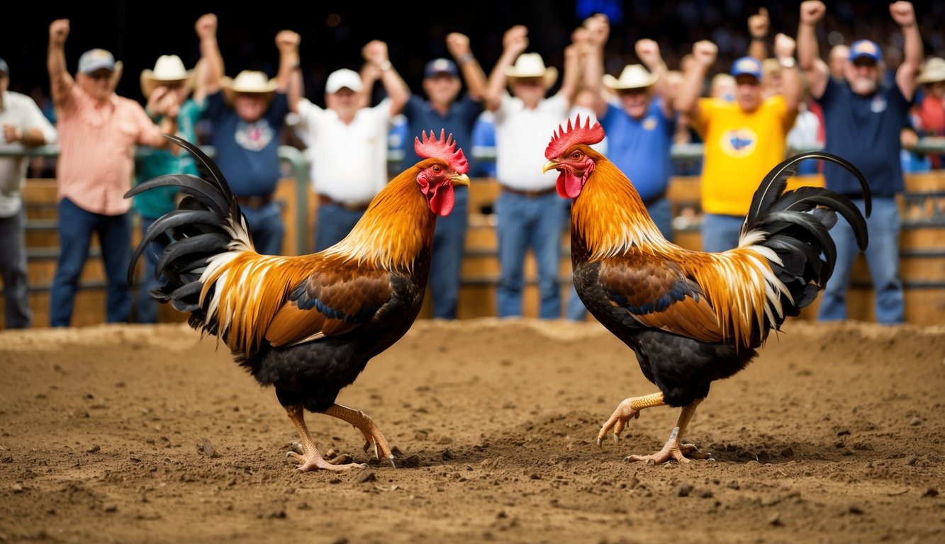 Dua ayam jantan berhadapan di dalam lubang tanah yang dikelilingi oleh penonton yang bersorak