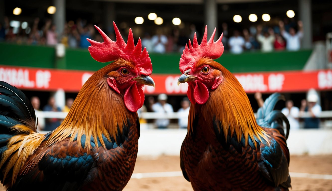 Dua ayam jantan berhadapan di arena sabung ayam resmi. Kerumunan bersorak saat burung-burung bersiap untuk bertarung.