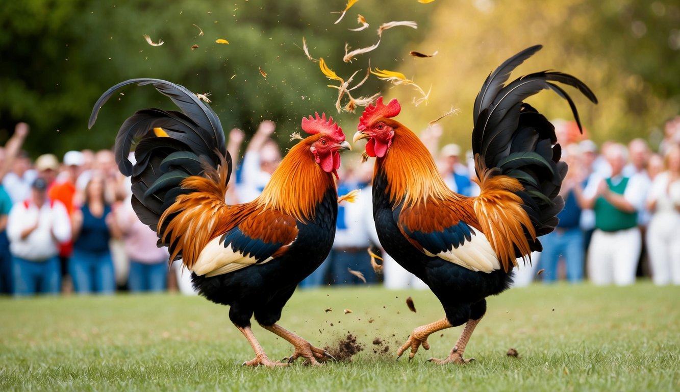 Dua ayam jantan dalam pertarungan sengit, bulu beterbangan, paruh bertabrakan, dikelilingi oleh kerumunan penonton yang bersorak