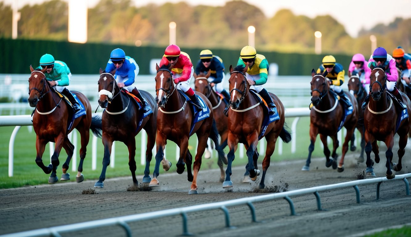 Sekelompok kuda pacu berwarna-warni berlari mengelilingi trek balap digital, dengan penonton bersorak di latar belakang