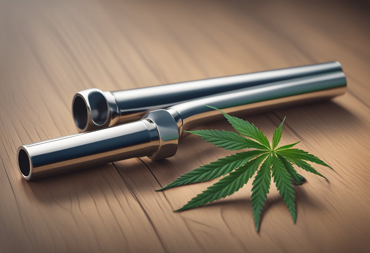 A sleek metal one-hitter pipe lies on a wooden table next to a small pile of ground cannabis