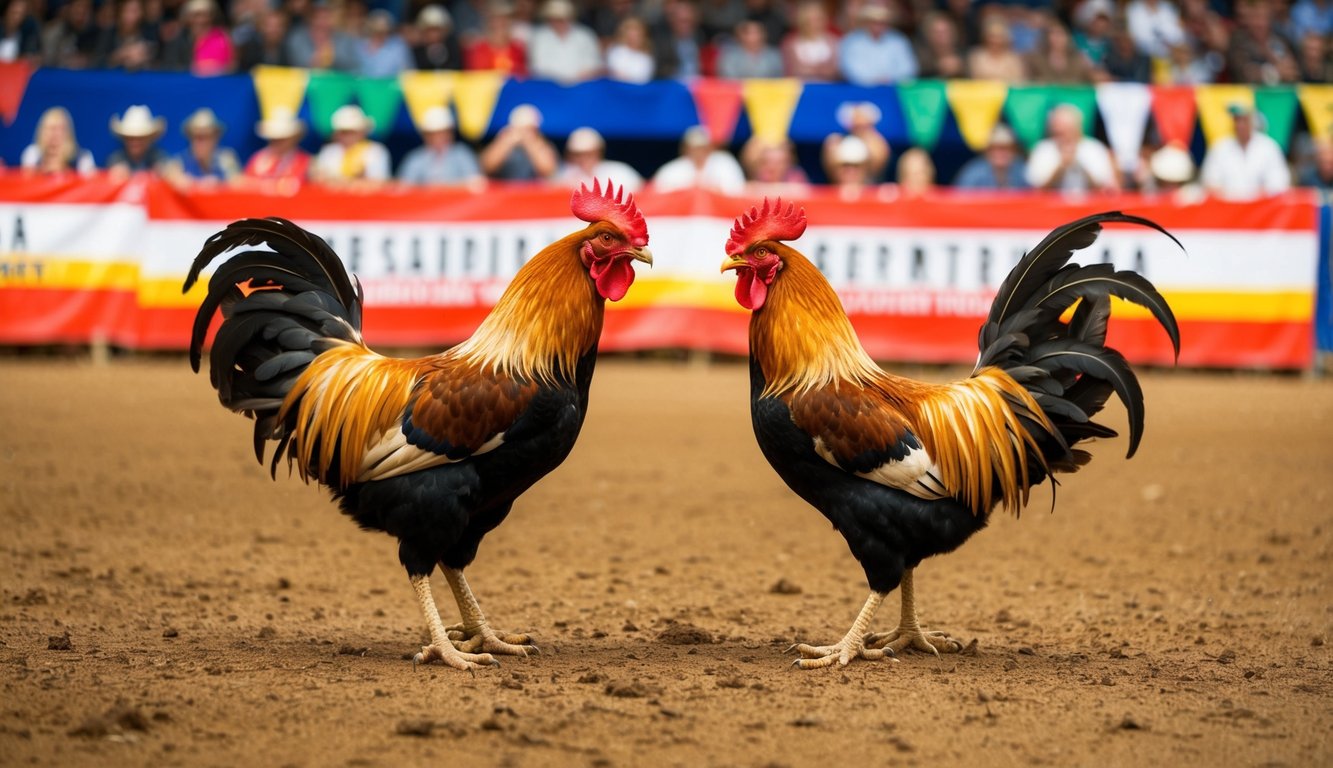 Dua ayam jantan berhadapan di arena tanah, dikelilingi oleh penonton yang bersorak dan spanduk berwarna-warni