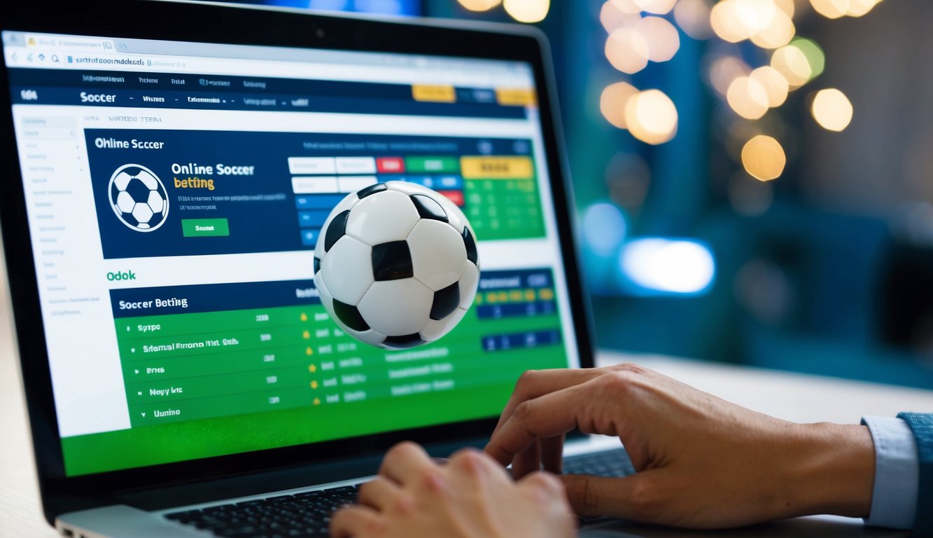 Sebuah layar komputer dengan bola sepak, odds taruhan, dan kursor yang mengklik situs web untuk taruhan sepak bola online