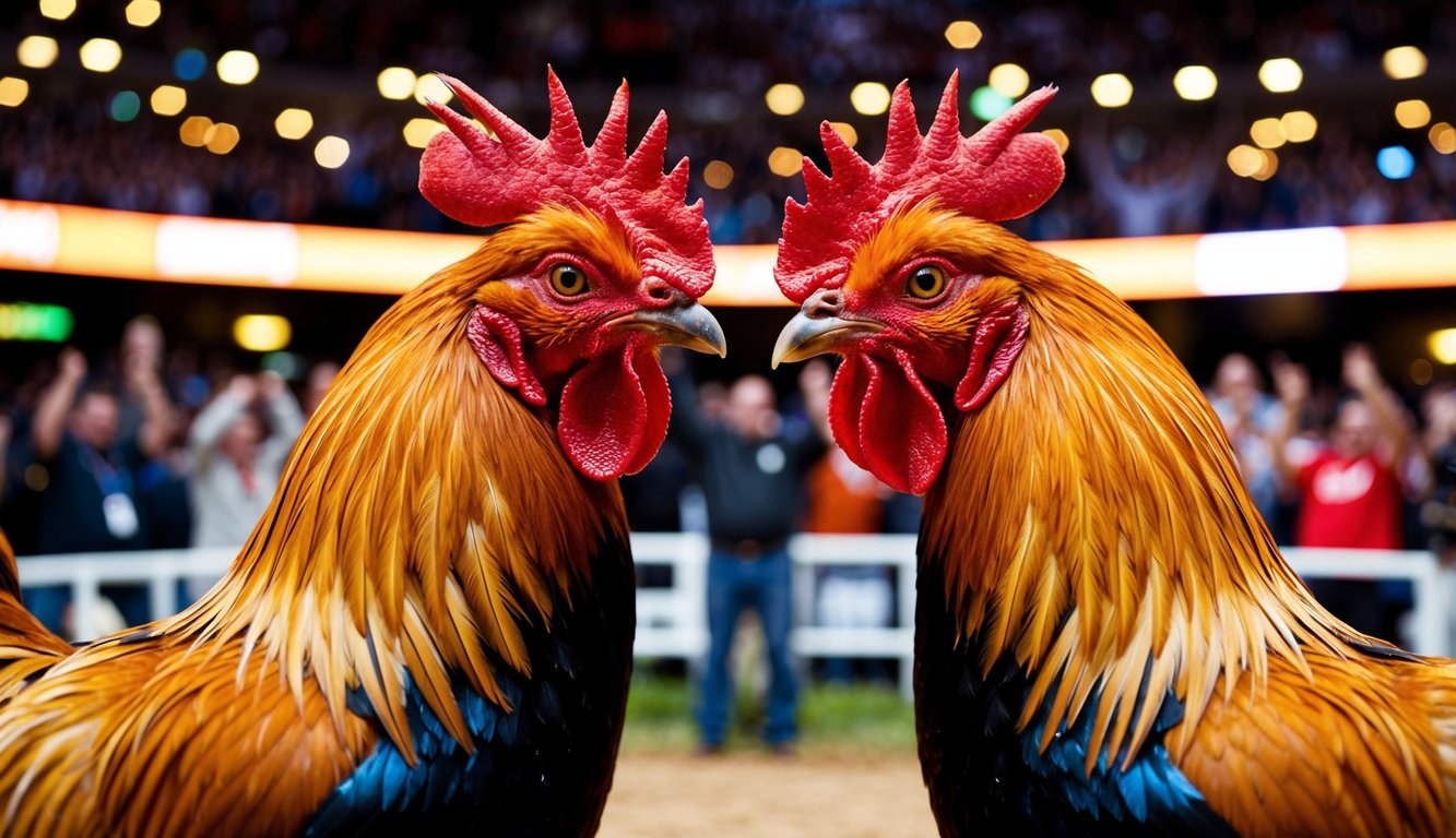 Dua ayam jantan saling berhadapan di arena yang ramai dan terang benderang, dikelilingi oleh penonton yang bersorak.