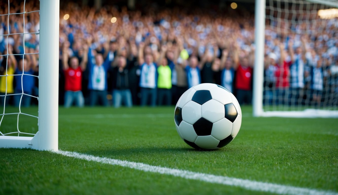 Sebuah bola sepak di lapangan hijau, dikelilingi oleh tiang gawang dan kerumunan penggemar yang bersorak