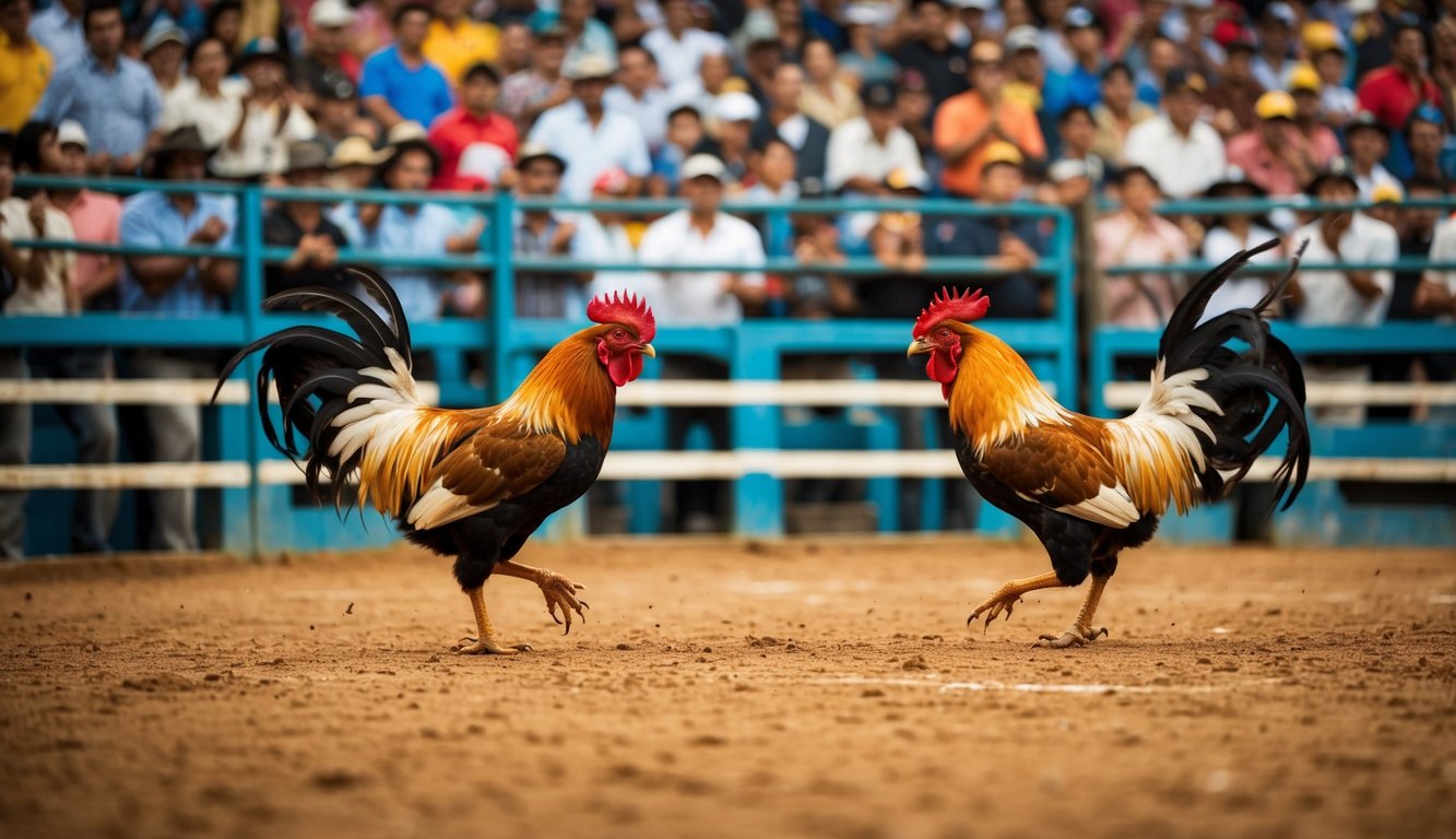 Arena sabung ayam yang ramai dengan penonton yang bersorak dan dua ayam jantan yang terlibat dalam pertempuran