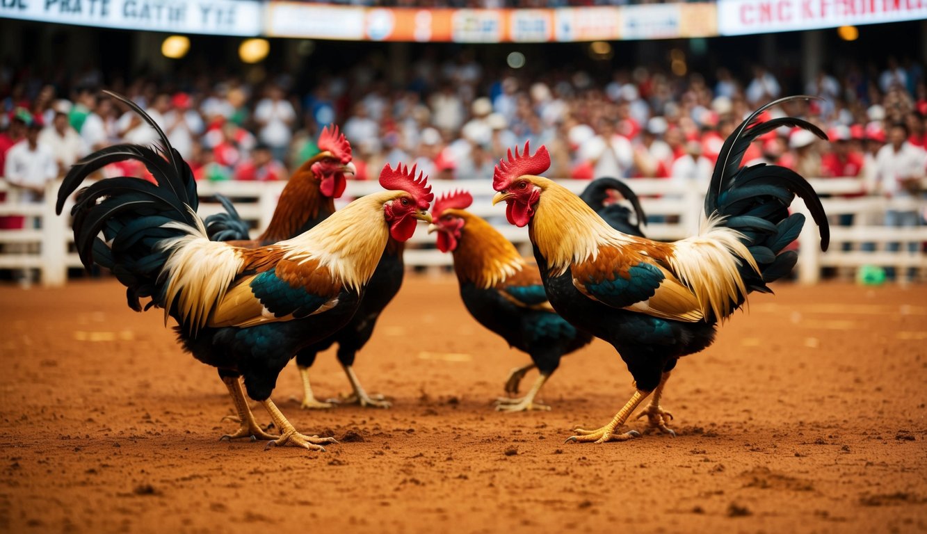 Sebuah arena yang ramai dan sibuk dengan ayam jantan yang saling berhadapan dalam pertandingan sabung ayam tradisional. Kerumunan bersorak dan memasang taruhan saat pertarungan yang intens berlangsung.