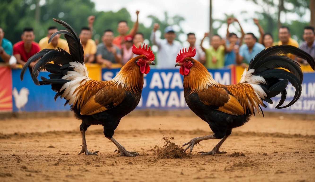 Dua ayam jantan bertarung di arena tanah yang dikelilingi oleh penonton yang bersorak. Bulu-bulu beterbangan saat mereka bertarung dalam pertandingan sabung ayam tradisional.