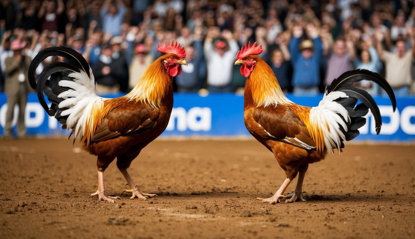 Dua ayam jantan berhadapan di arena tanah yang dikelilingi oleh penonton yang bersorak