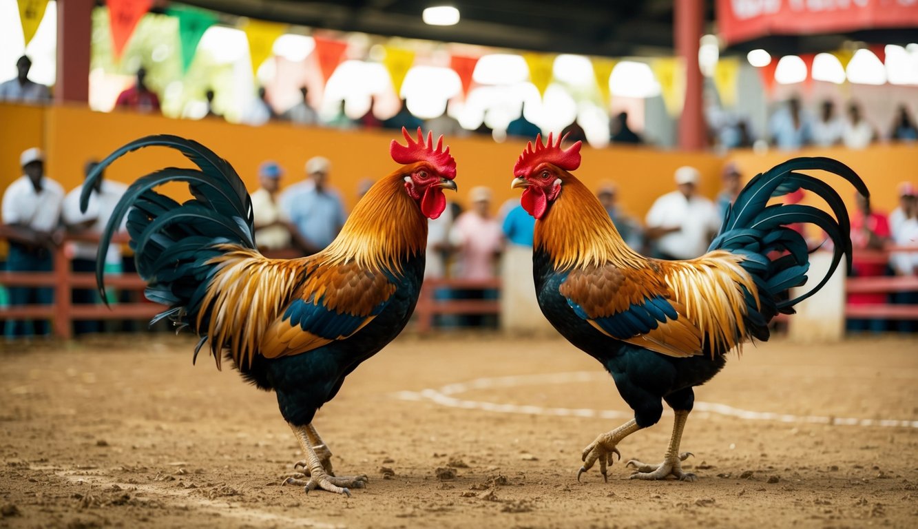 Dua ayam jantan berhadapan di arena sabung ayam, dikelilingi oleh penonton yang bersorak-sorai dan spanduk berwarna-warni