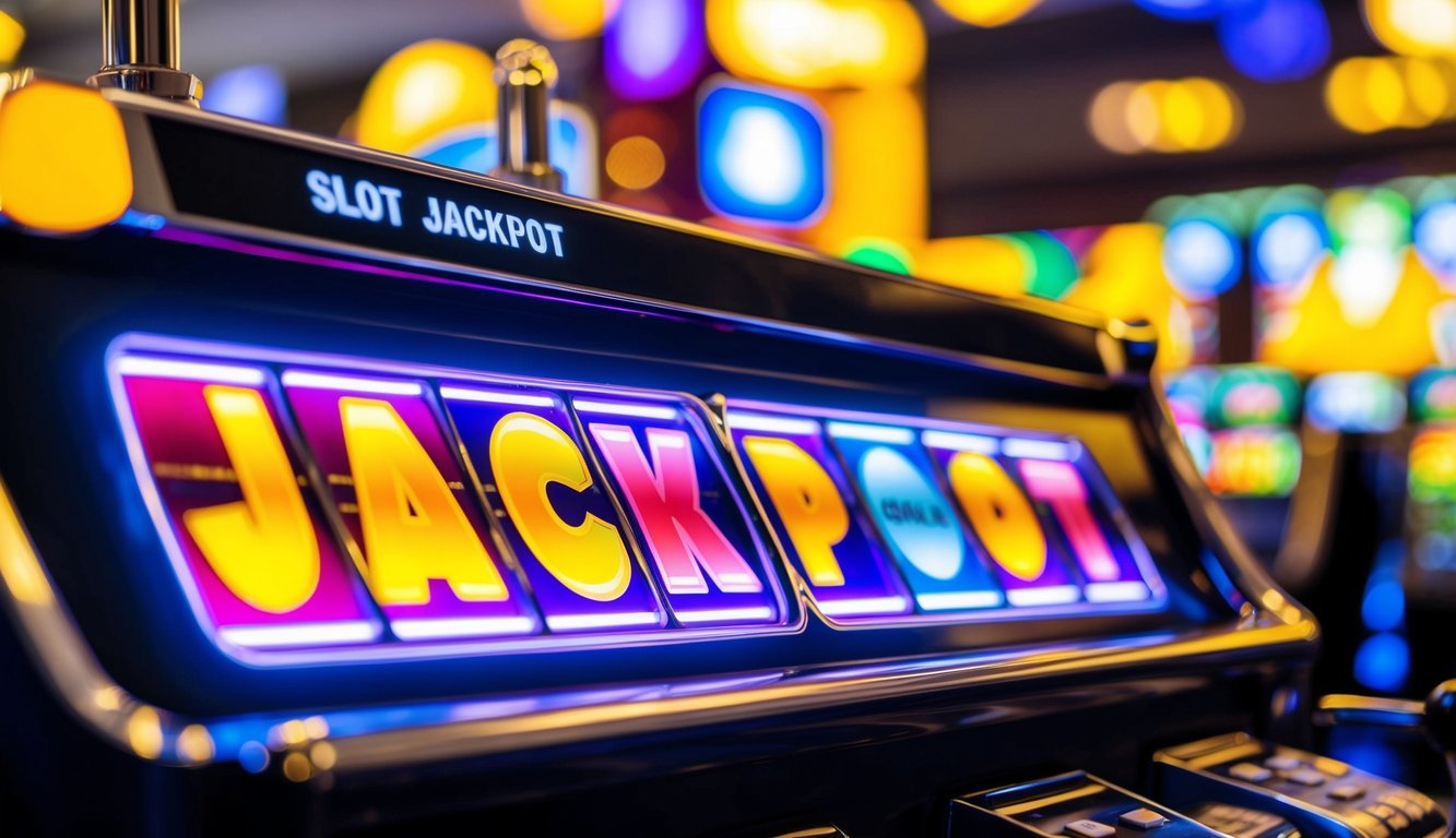 Lampu terang yang berkedip dan gulungan slot berwarna-warni, dengan kata "Jackpot" ditampilkan dengan jelas di layar