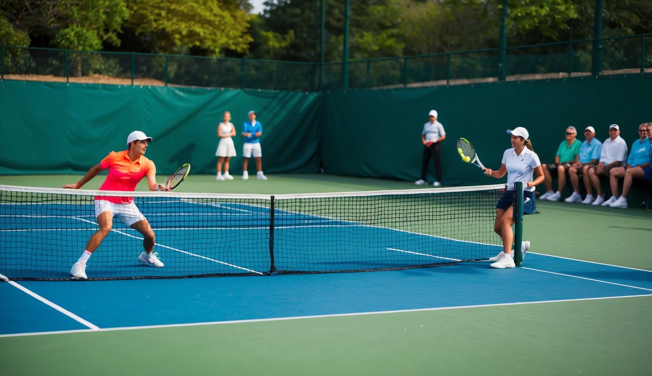 Sebuah lapangan tenis dengan dua pemain yang sedang beraksi, sebuah jaring membagi lapangan, dan penonton yang menonton dari pinggir lapangan