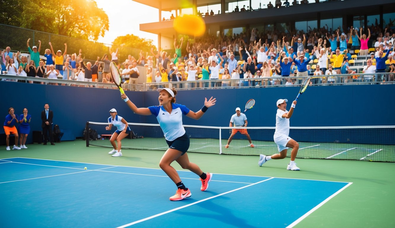 Lapangan tenis dengan warna-warna cerah, pemain yang sedang beraksi, dan penonton yang antusias bersorak dari tribun