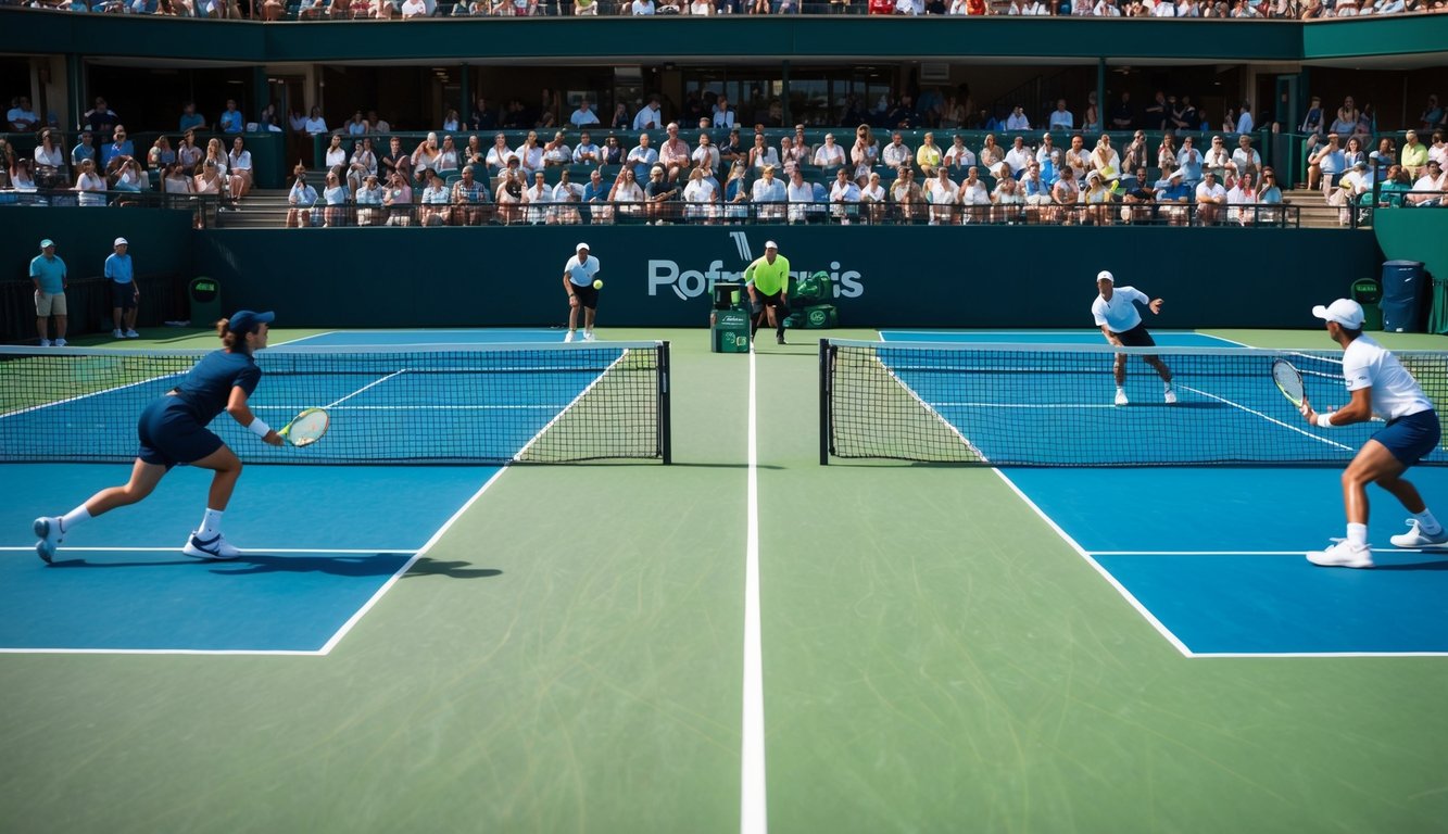 Sebuah pertandingan tenis yang sedang berlangsung dengan pemain di sisi berlawanan lapangan, melakukan servis dan mengembalikan bola. Penonton menyaksikan dari tribun.