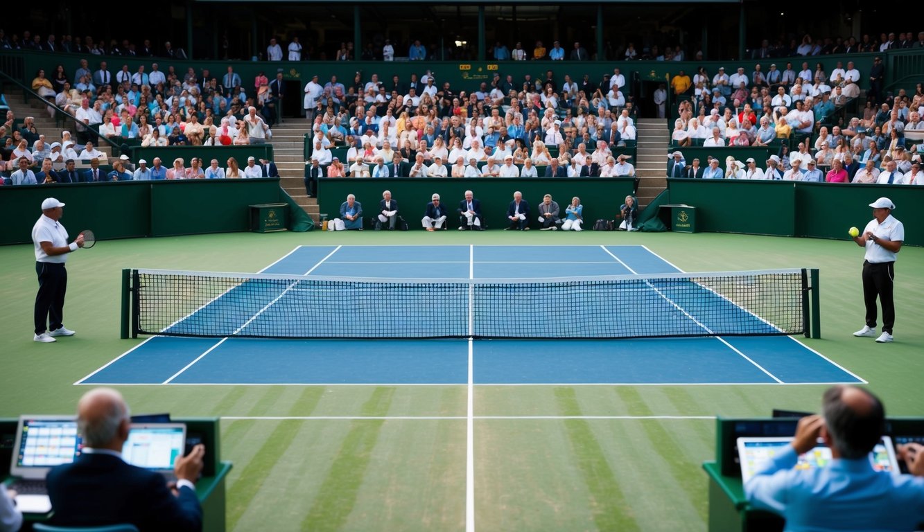 Sebuah lapangan tenis dengan jaring, dikelilingi oleh penonton dan bandar yang memasang taruhan