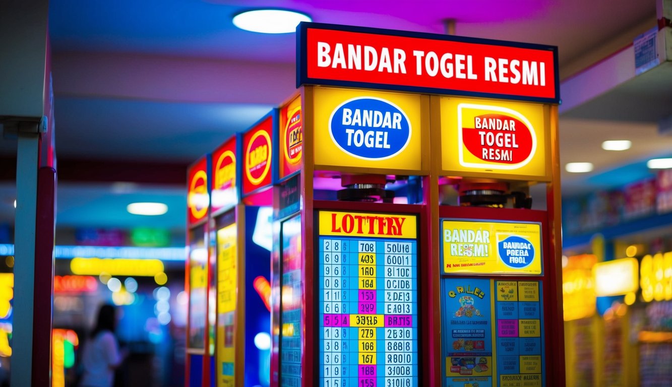 Sebuah stan tiket lotere yang berwarna-warni dan cerah dengan lampu terang dan tanda "Bandar Togel Resmi" yang mencolok